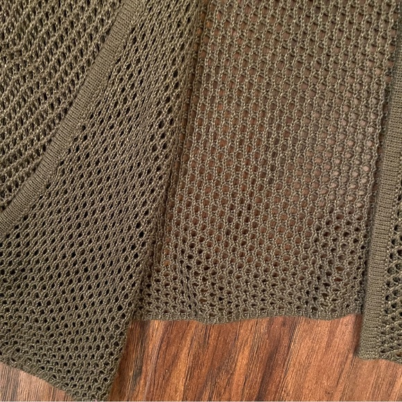 Open Knit Open Front Olive Green Long Cardigan Sweater - Picture 4 of 6